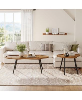 Nesting Coffee Table Set of 2, Solid Wood Coffee Tables with Cloud Tabletop