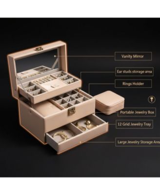 3 Layers Leather Jewelry Storage Box with Mirror Removable Tray Portable Travel Organizer for Women