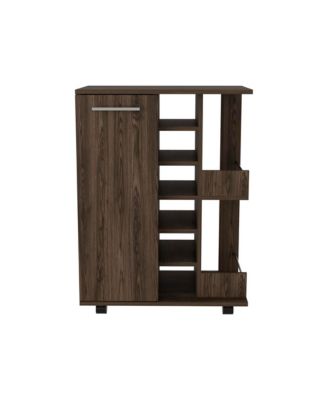 Dark Bar Cart with 4 Casters, Cabinet and 6 Bottle Cubbies