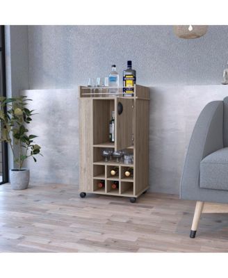 Reese Light Bar Cart with Casters, 6 Wine Cubbies and Single Door Cabinet, Rolling Serving Cart for Home Bar