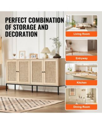 Rattan Cabinet, Rattan Storage Cabinet with 4 Magnetic Doors and Adjustable Shelves, Sideboard Buffet Cabinet for Hallway, Entryway, Living Room
