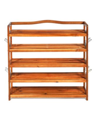 5-Tier Acacia Wood Shoe Rack with Side Hooks Holding 12-18 Pairs