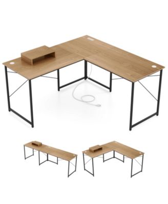 2-Person L-Shaped Desk with Monitor Stand, Reversible