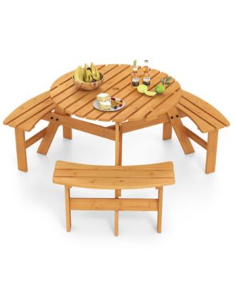 6-Person Round Picnic Table Set with 3 Built-in Benches and Umbrella Hole