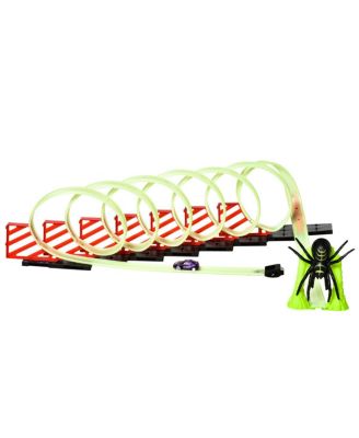 DIY glow-in-the-dark track builder with spider loop, pull-back car and lights, 33.75-inch race track fun.
