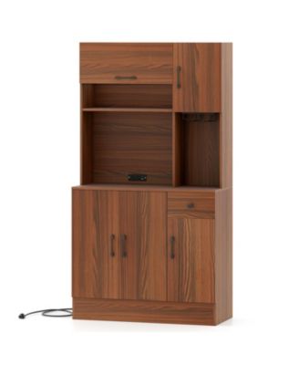 Kitchen Pantry Cabinet with Built-In Charging Station and Microwave Stand