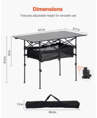 Portable Folding Camping Table Roll Up Adjustable Height 47.2in Wide for BBQ and Picnic