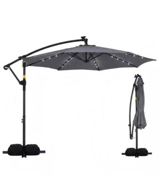 10 ft Solar Offset Hanging Umbrella with 32 LED Lights, Base and 360 Rotation