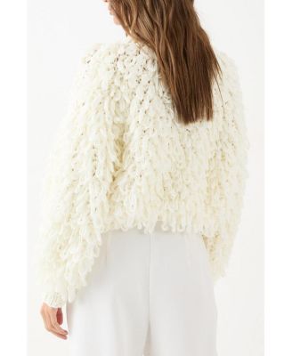 Women's Zip Up Cream Fringe Loop Cardigan