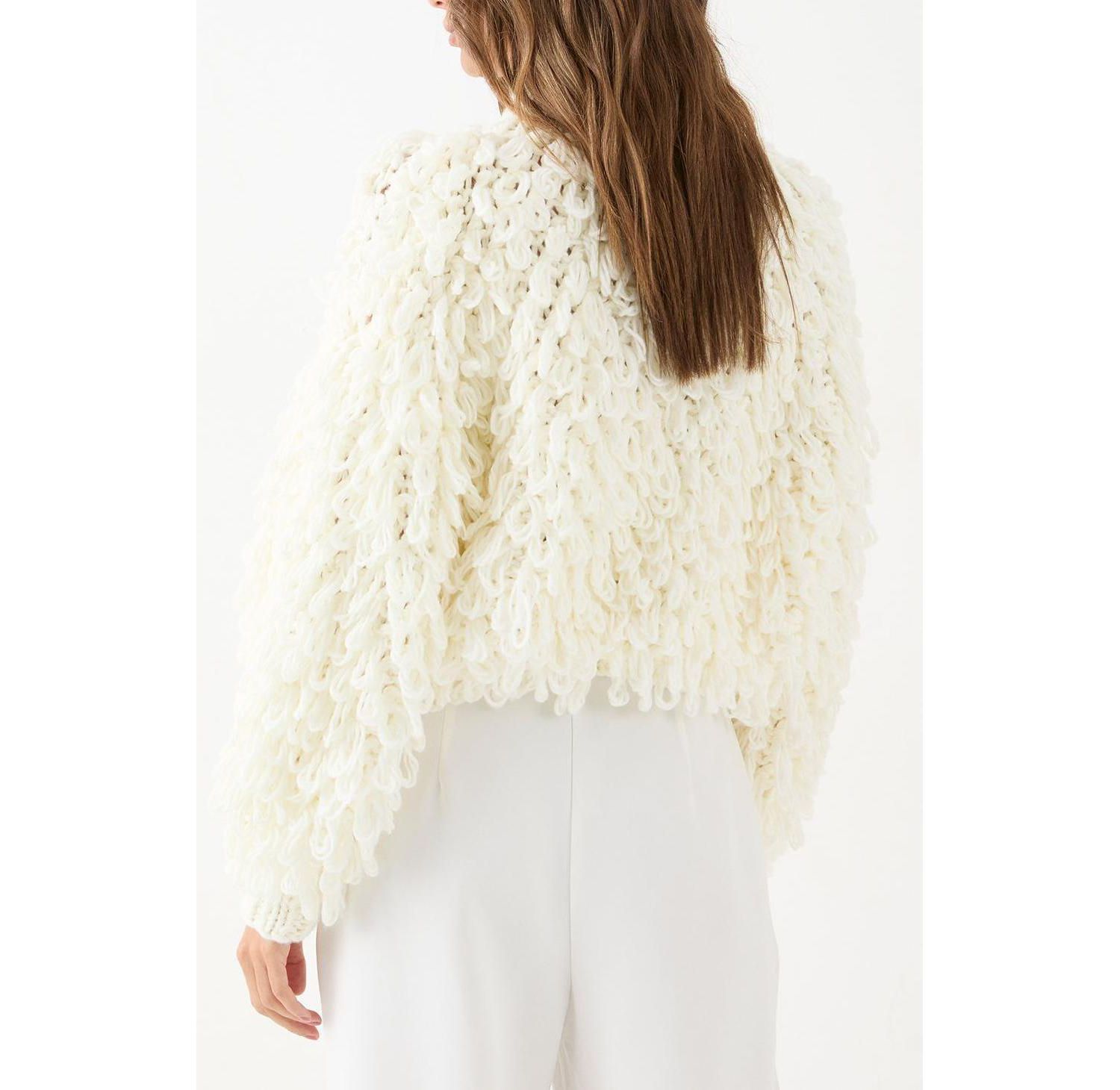 Women's Zip Up Cream Fringe Loop Cardigan