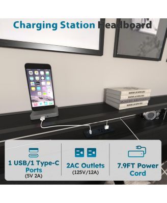King Bed Frame, Storage Headboard with Charging Station, Solid and Stable, Noise Free