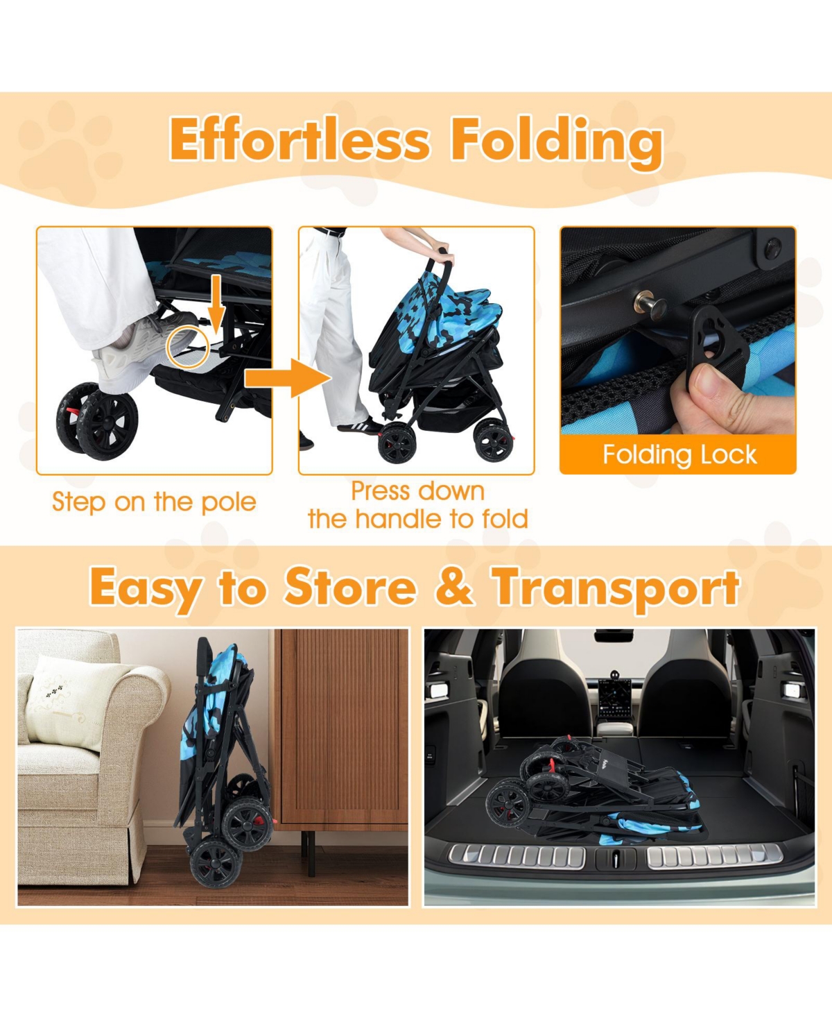 Cozito Foldable Double Pet Stroller with Sunshade and Basket