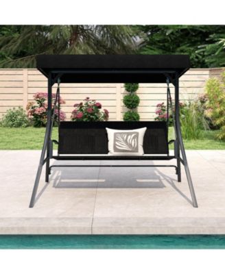 3-Person Canopy Porch Swing with Stand, Wicker Seat Back, 1000 lbs Capacity, 75.5 x 65 in