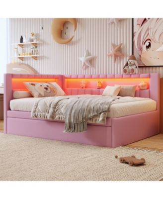 Upholstered Daybed with Trundle, Built-in USB Ports and LED, L-Shaped Day Bed, for Bedroom Living Room