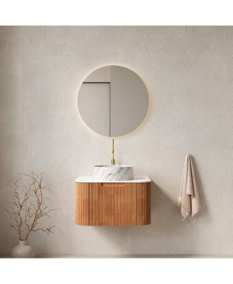Modern Bathroom Vanity with Stone Pattern Ceramic Basin, 3D Striped Wood Drawer, Wall Mounted Storage Cabinet, Pre-assembled