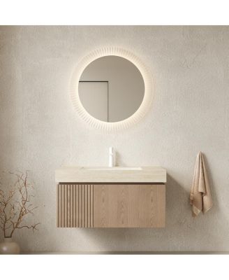 Wall Mount Bathroom Vanity with Travertine Sintered Stone Top, Ceramic Undermount Sink, Soft Close Cabinet, Pre-assembled