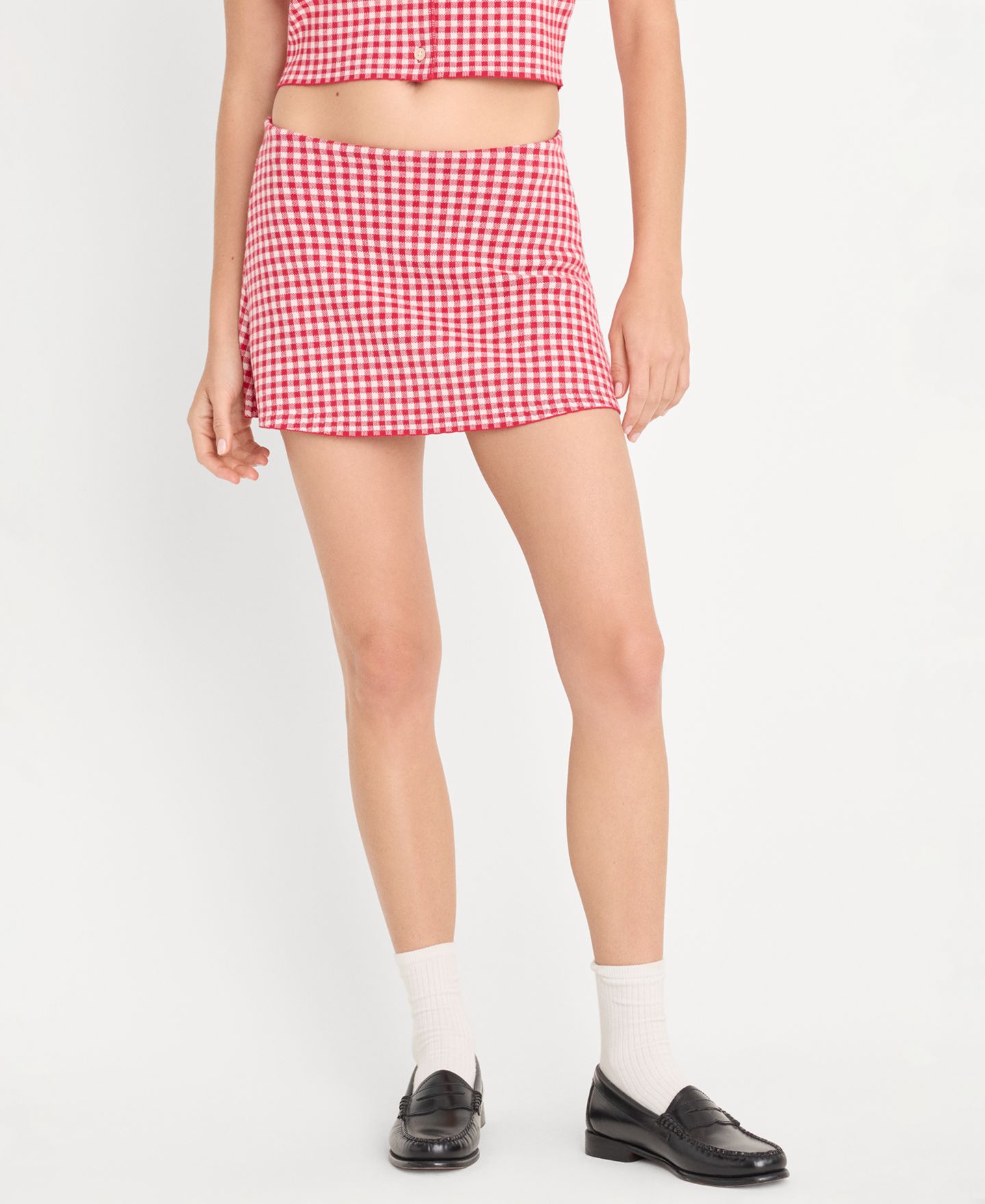 Женская юбка-шорты Good American Blend Sweater Mini Skort, цвет: Вишнёвый в мелкую клетку — фото 2