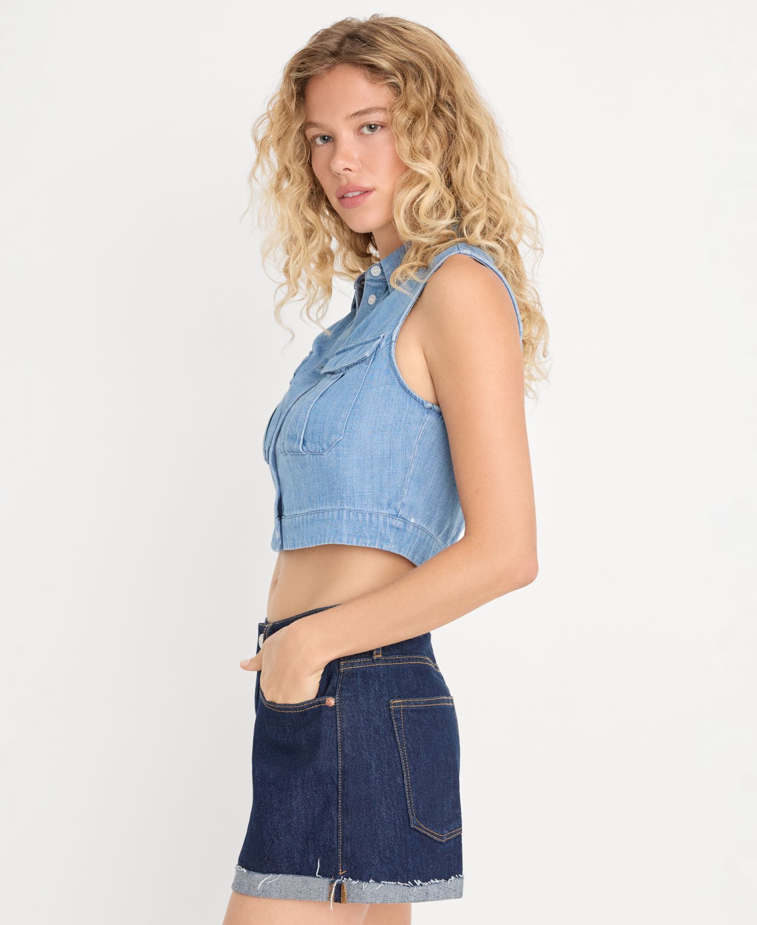 Women's Denim Sleeveless Button-Up Top