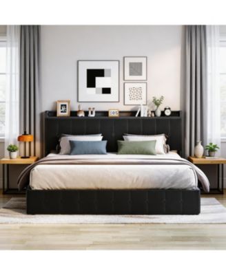 King Lift-Up Storage Bed Frame, Upholstered Metal Platform Bed with Storage Headboard, Button Tufted, No Box Spring