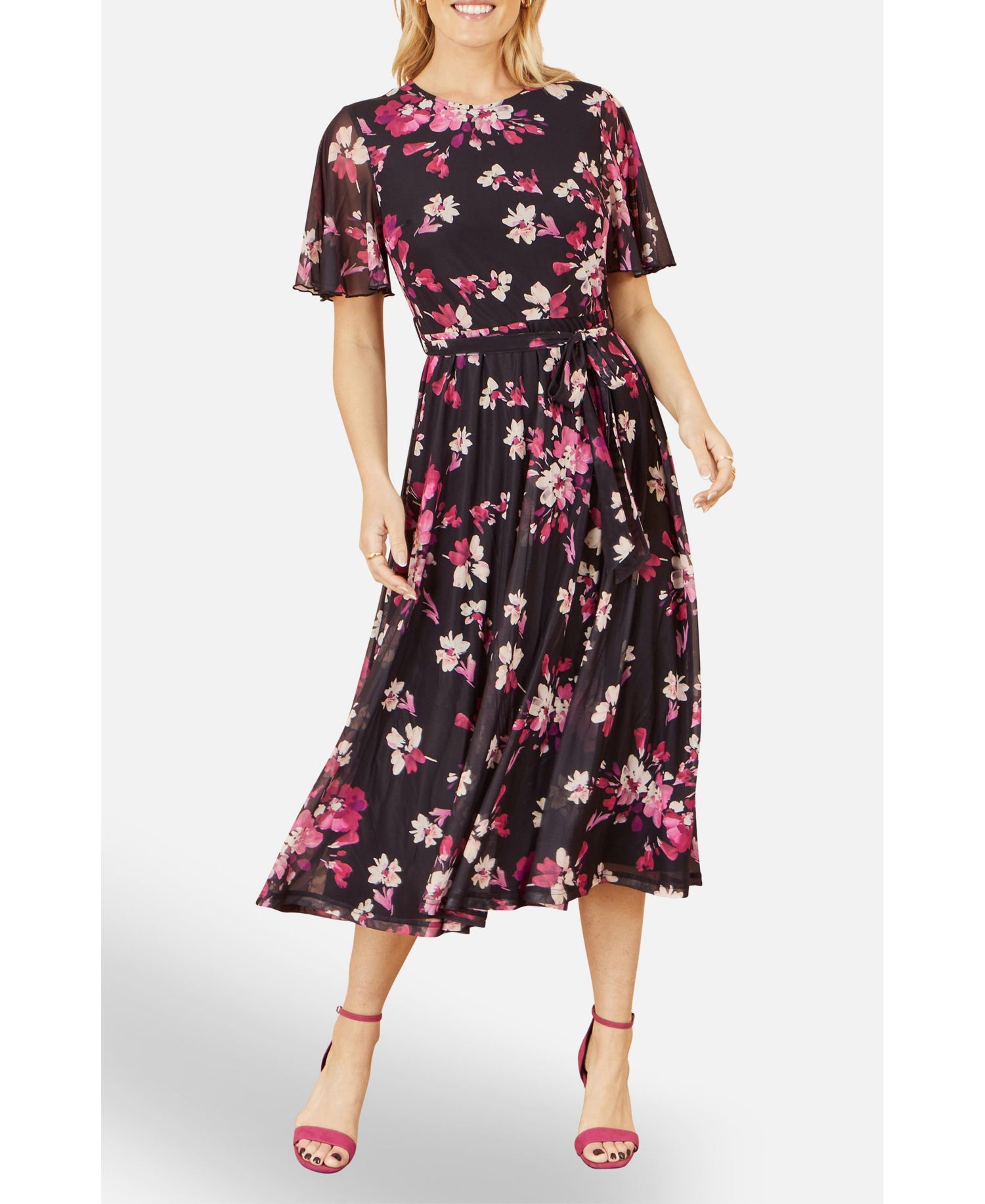 Women's Mesh Skater Floral Midi Dress