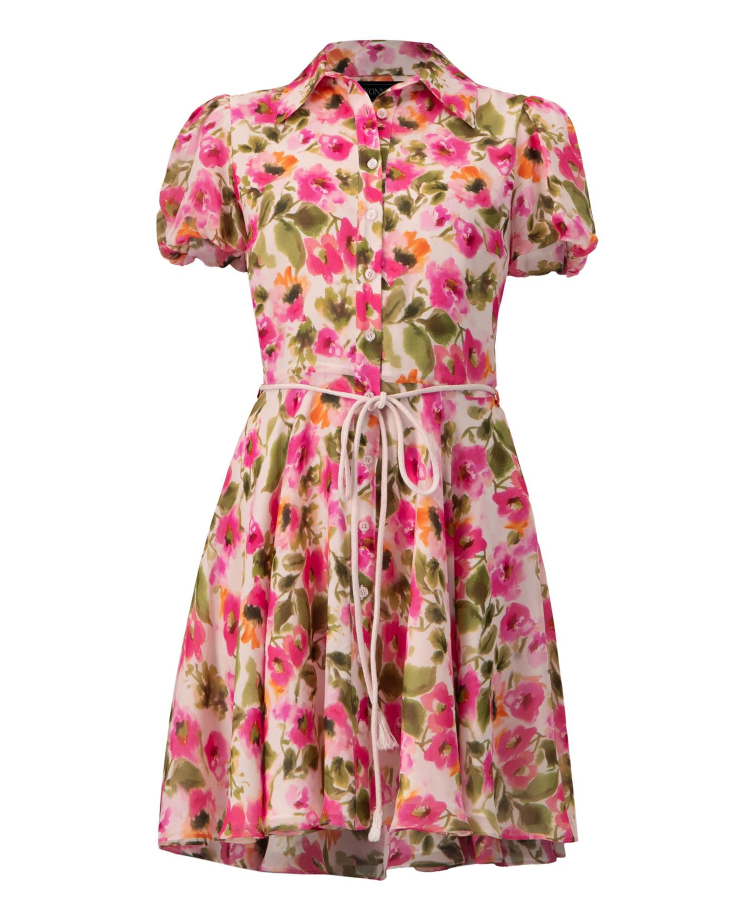 Women's Short Floral Shirt Dress with Waist Tie