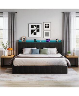 Lift-Up Hydraulic Storage Upholstered Soft Bed Frame with LED Lights, Power Outlets, Sturdy Metal Slats
