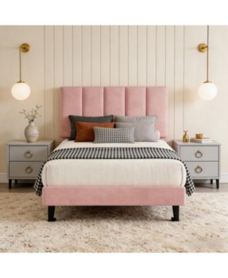 Upholstered Platform Bed Frame with Adjustable Height Vertical Channel Tufted Headboard, No Box Spring Needed/Easy Assembly