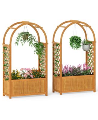 2PCS Wooden Raised Garden Bed w/ Lattice Trellis Arched Roof Liner Drainage
