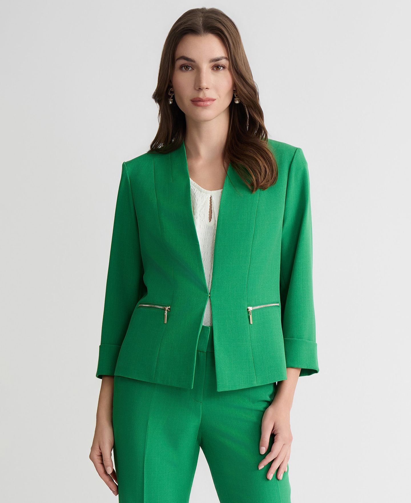 Женский пиджак Kasper Petite Zip-Pocket 3/4-Sleeve Blazer, цвет: Зелёный — фото 3