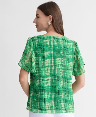 Women's Plaid Tulip-Sleeve Blouse