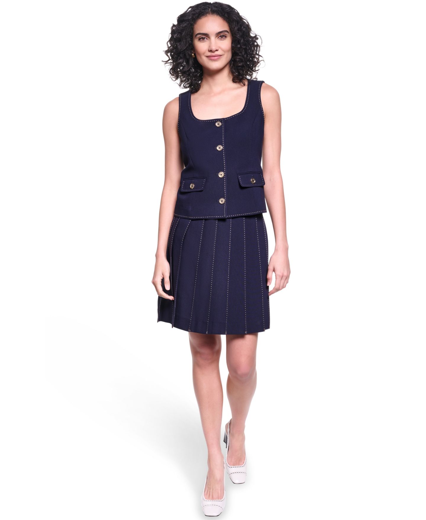 Женский жилет KARL LAGERFELD PARIS Contrast Stitch Round Neck Cropped Vest, цвет: Полуночный тёмно-синий — фото 1