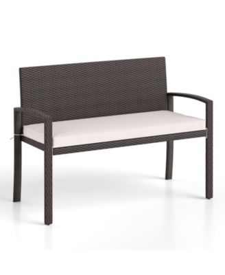 Wicker 2-Seat Bench with Soft Seat Cushion and Metal Frame