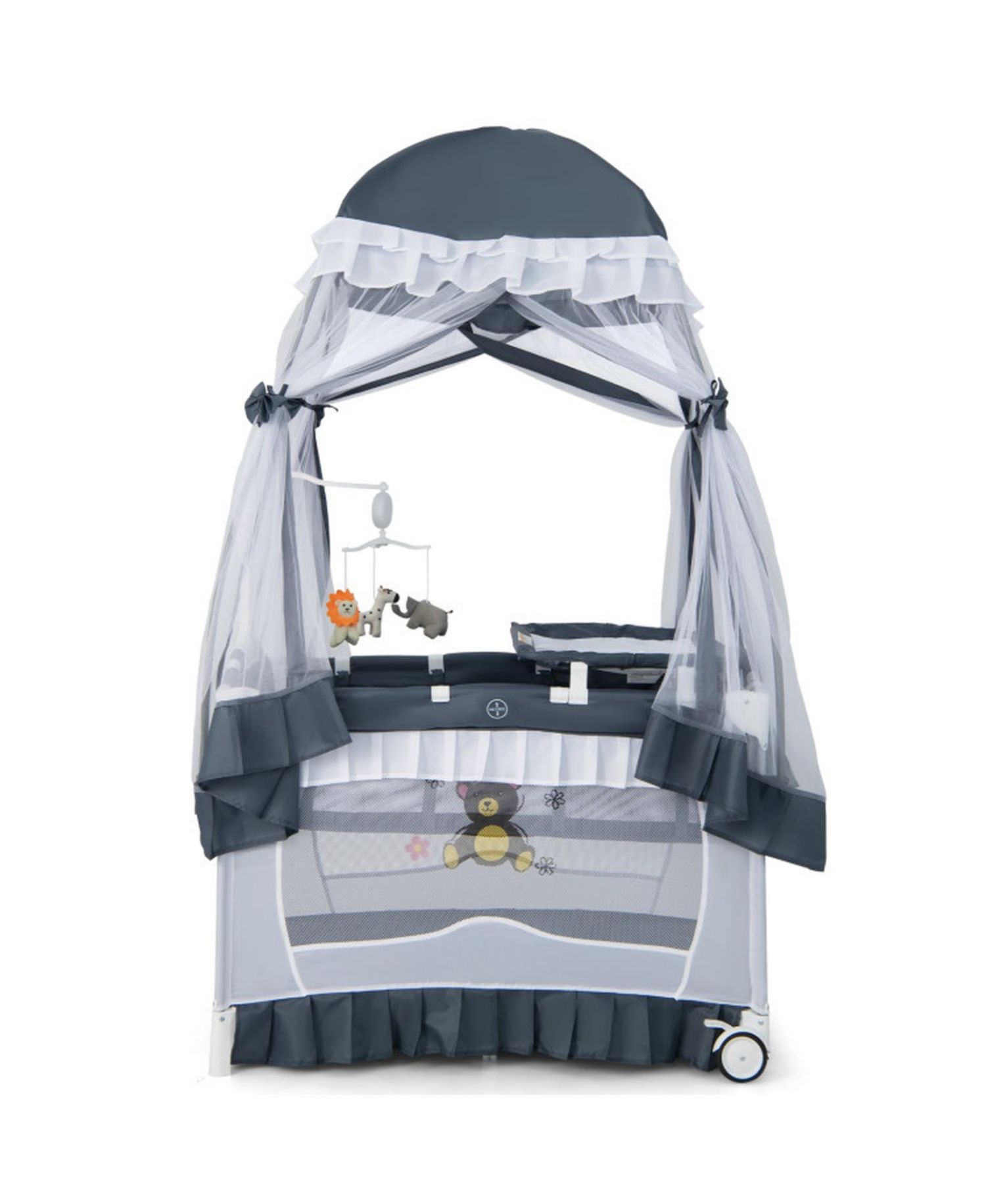 Baby 4-in-1 Convertible Baby Bassinet with Changing Table, Music Box and Wheels