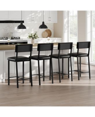 Set of 4  Leather Bar Stools with Backrest, Footrest and Cushion