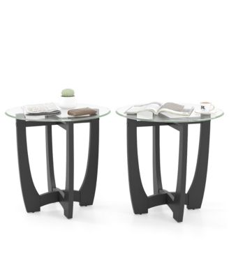2Piece 23.5'' Round End Table with Glass Tabletop Cross-shaped Solid Rubber Wood Frame
