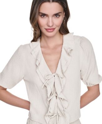 Petite Puff Short-Sleeve Tie-Front V-Neck Shirt