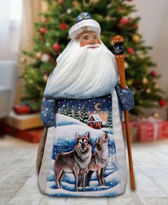 Woodcarved and Hand Painted Santa Wolf and Bird Figurine
