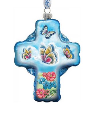 Blue Butterflies Cross Glass Ornament
