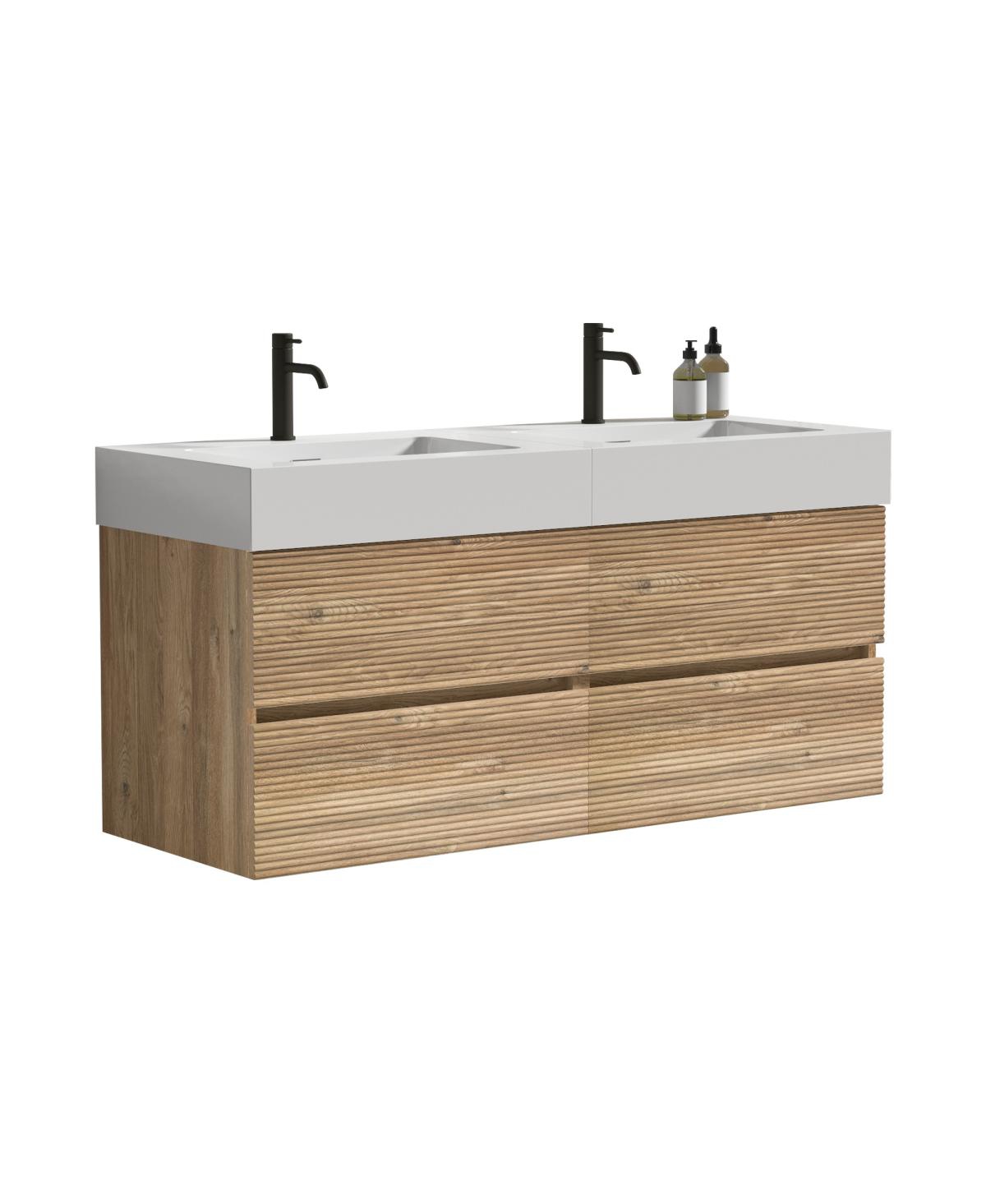 Sillysis Mid-Century Modern Bathroom Vanity with Oak Grille Double Drawers