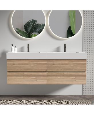 Mid-Century Modern Bathroom Vanity with Oak Grille Double Drawers, Wall Mounted Soft Close Storage Cabinet