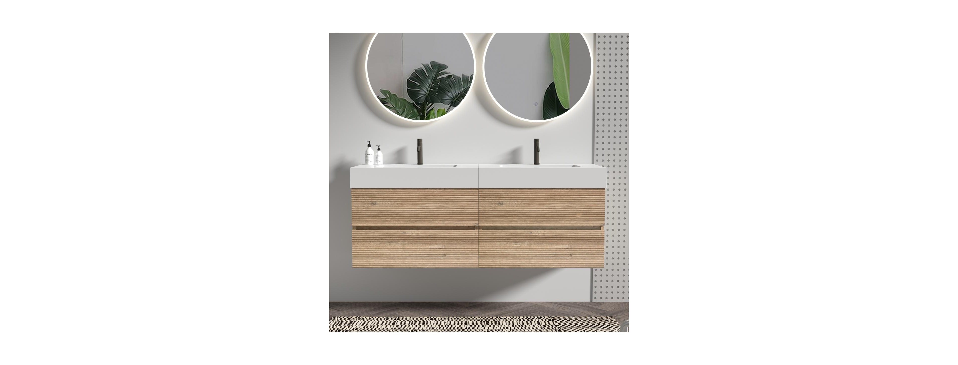 Sillysis Mid-Century Modern Bathroom Vanity with Oak Grille Double Drawers