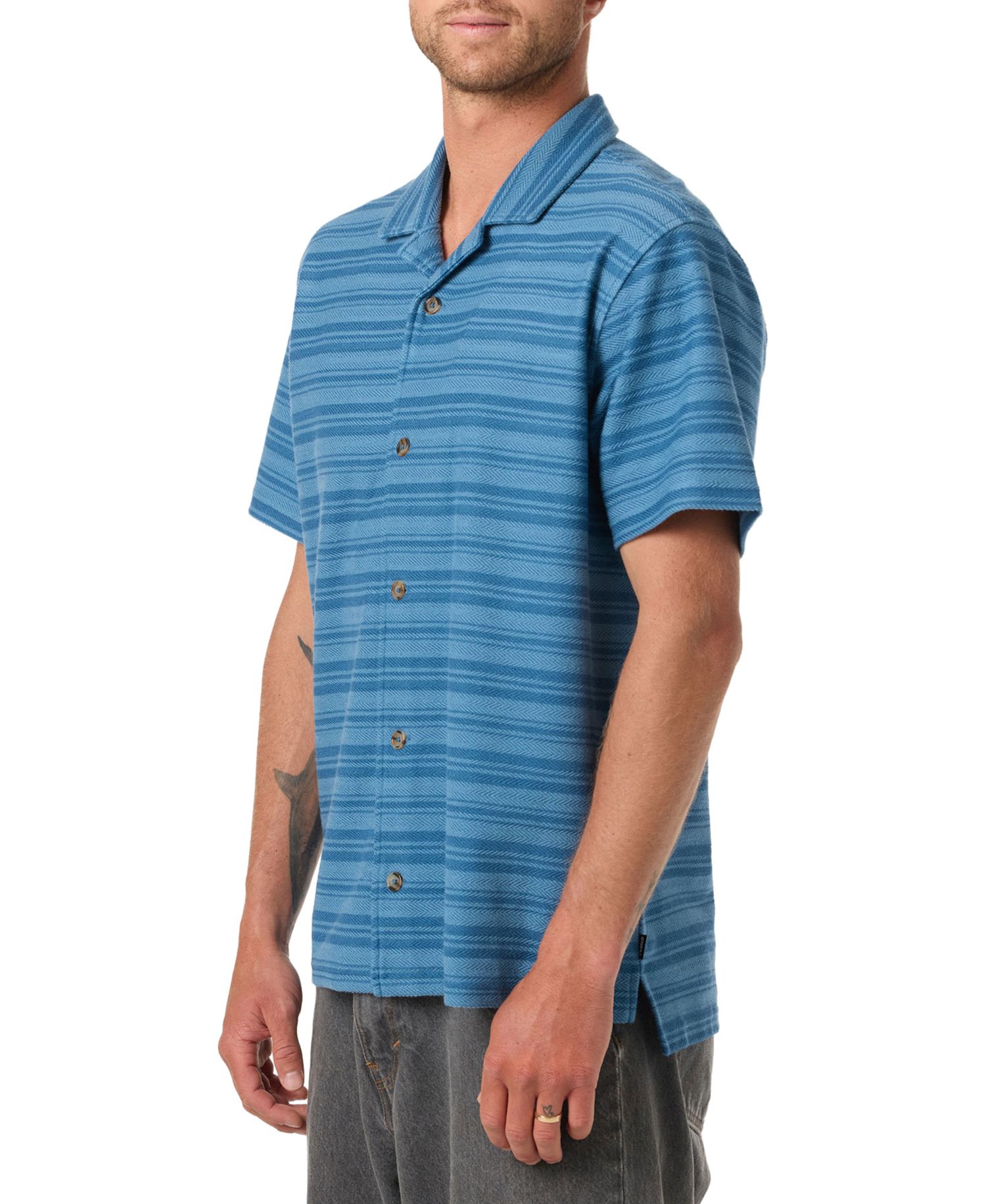 Men's Striped Herringbone Camp Collar Shirt