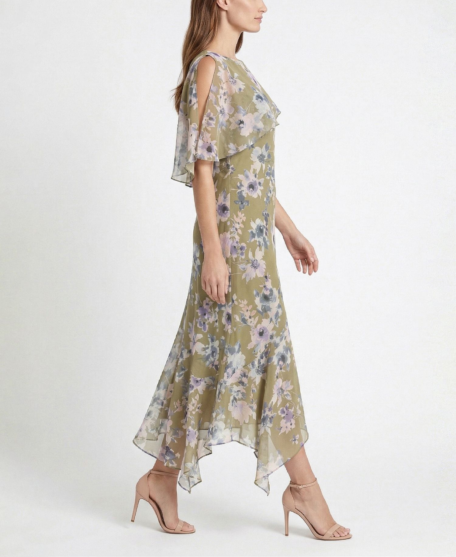 Women's Floral Print Capelet Fit & Flare Crewneck Dress