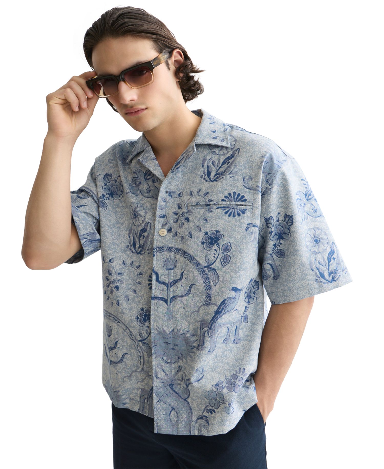 Men's Jacquard Spread Collar Short-Sleeve Shirt