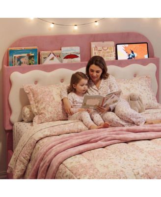 Velvet Upholstered Bed Frame with Storage Headboard, Footboard Drawer and Wood Slats, Box Spring Not Required