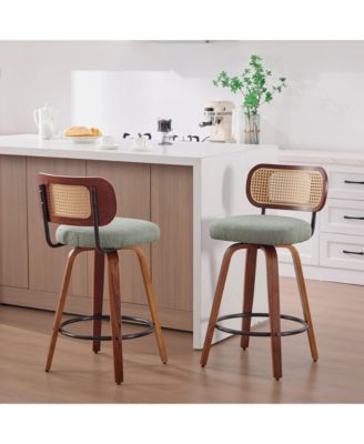 26 Inch Counter Height Swivel Bar Stools with Rattan Back and Upholstered Seat Set of 2