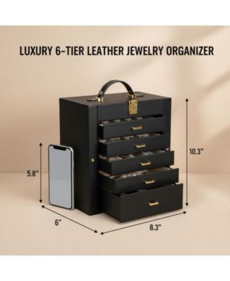 Extra Large 6-Tier Jewelry Organizer with Mirror 5 Drawers Leather Storage Case for Women