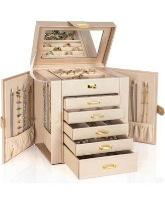 Extra Large 6-Tier Jewelry Organizer with Mirror 5 Drawers Leather Storage Case for Women