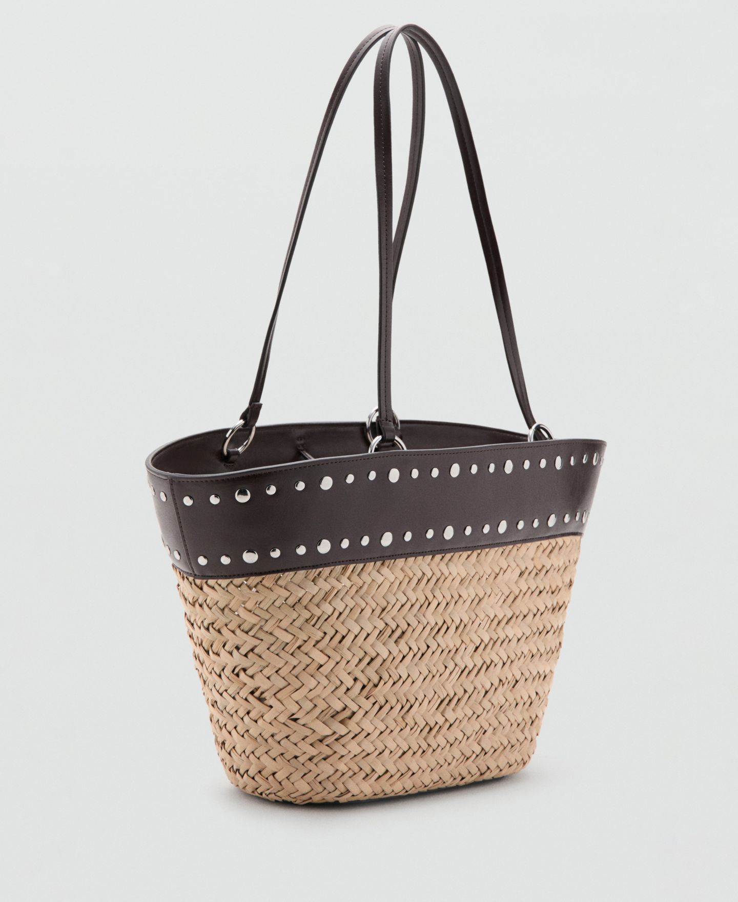 Женская сумка MANGO Studs Raffia Shopper, цвет: Шоколадный — фото 2