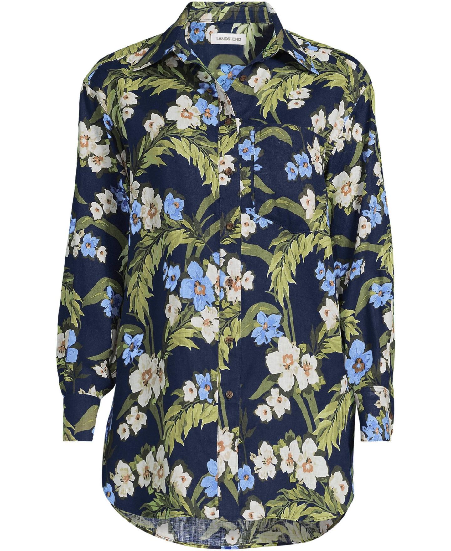 Женская рубашка Lands' End Plus Size Linen Oversized Button Front, цвет: Морской / Синий с принтом — фото 3